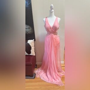 La Femme Pink Ruched Plunge Gown